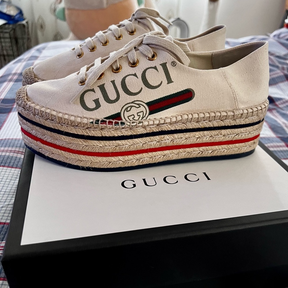 GUCCI GG WEB OFF-WHITE CANVAS PLATFORM ESPADRILLE